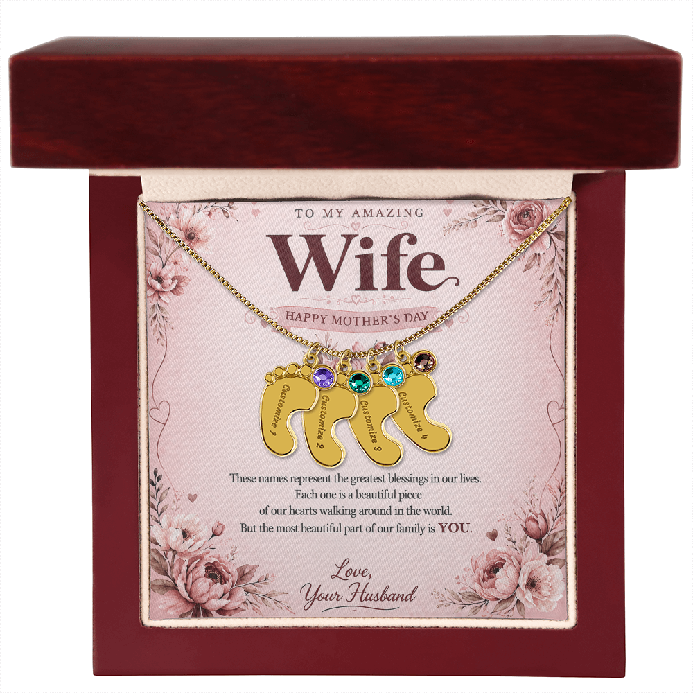 Custom Baby Feet Necklace with Birthstone From Husband - Happy Mother's Day - ver 3