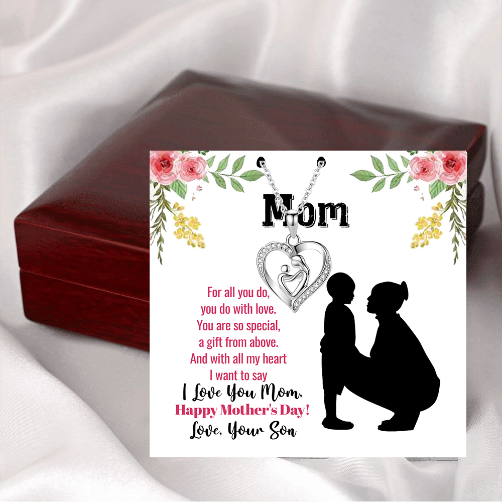Mom and child heart necklace jewelry with mahogany luxury box along with message card - STM066 - Real Gifts Of Love