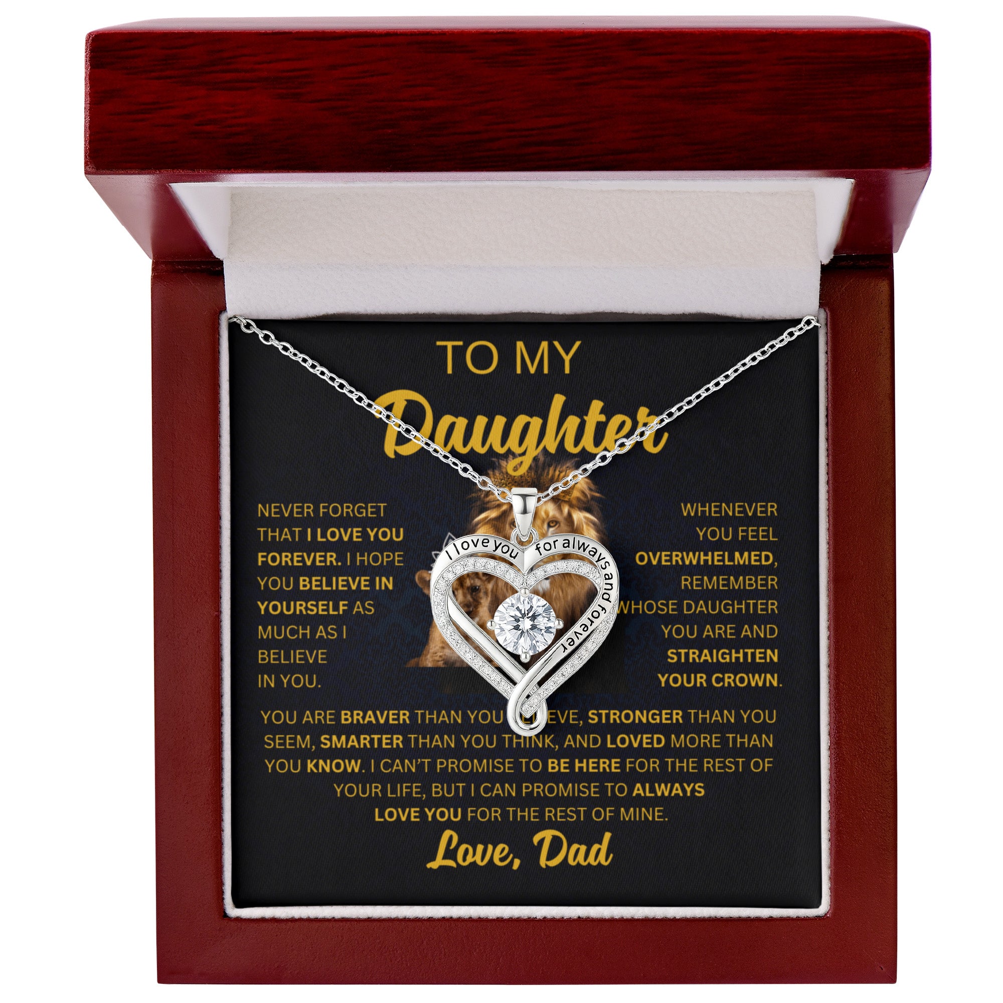 Daughter Christmas Gift from Dad – Love You Always Heart Necklace with “To My Daughter” Lion Message Card