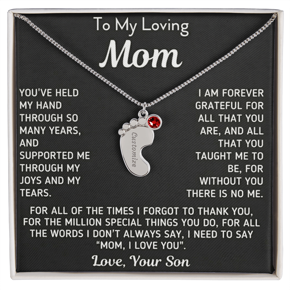 Custom Baby Fee Necklace with Birthstone for Mom from Son - Black Version