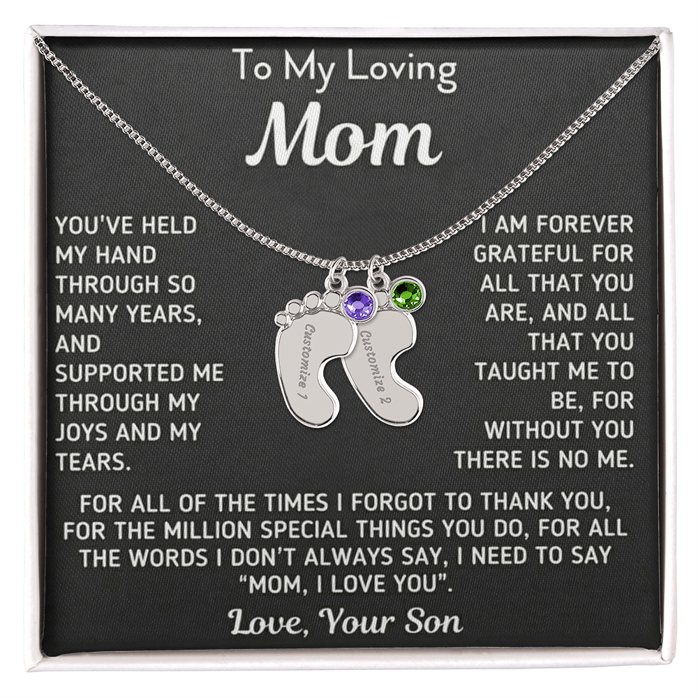 Custom Baby Fee Necklace with Birthstone for Mom from Son - Black Version