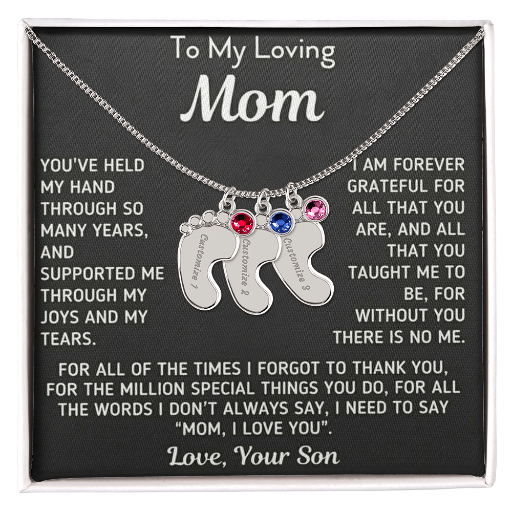 Custom Baby Fee Necklace with Birthstone for Mom from Son - Black Version
