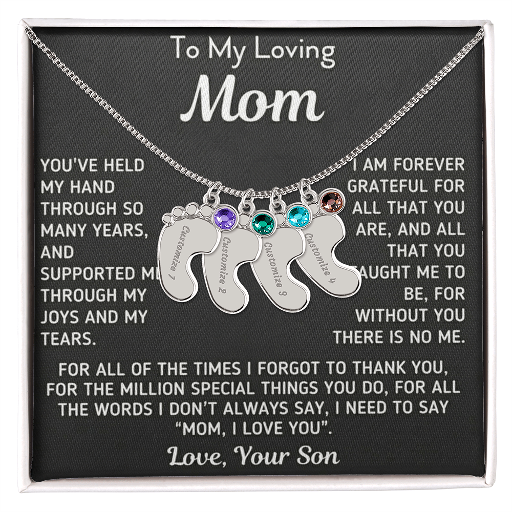 Custom Baby Fee Necklace with Birthstone for Mom from Son - Black Version