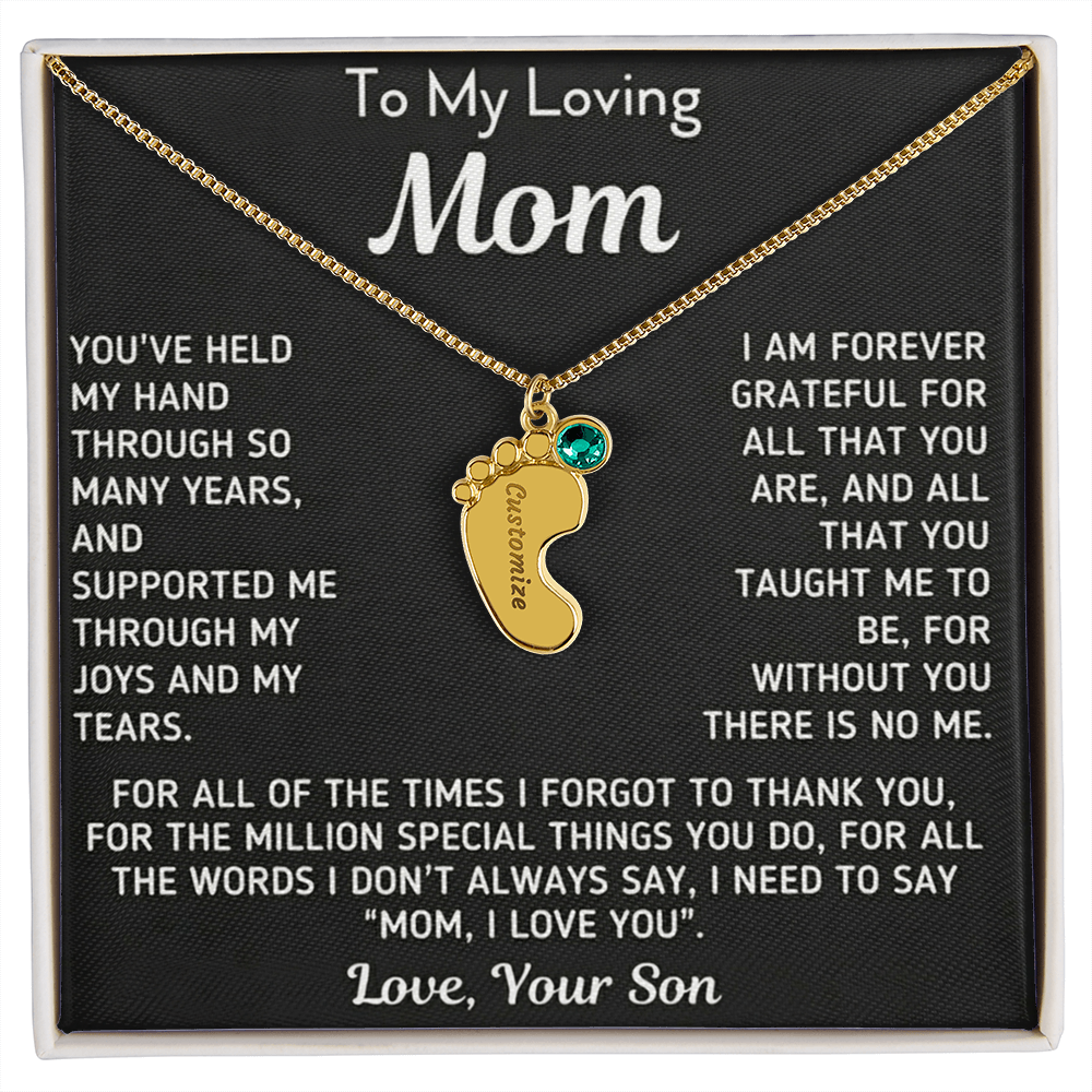 Custom Baby Fee Necklace with Birthstone for Mom from Son - Black Version