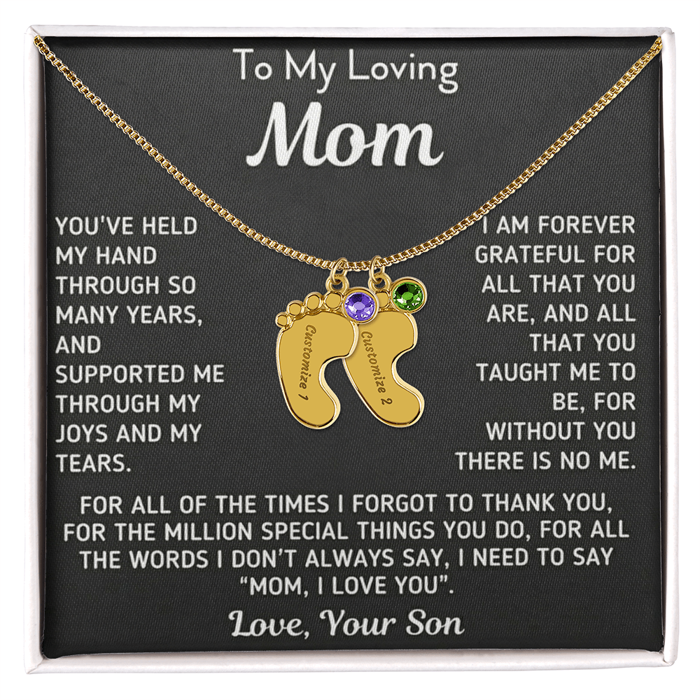 Custom Baby Fee Necklace with Birthstone for Mom from Son - Black Version