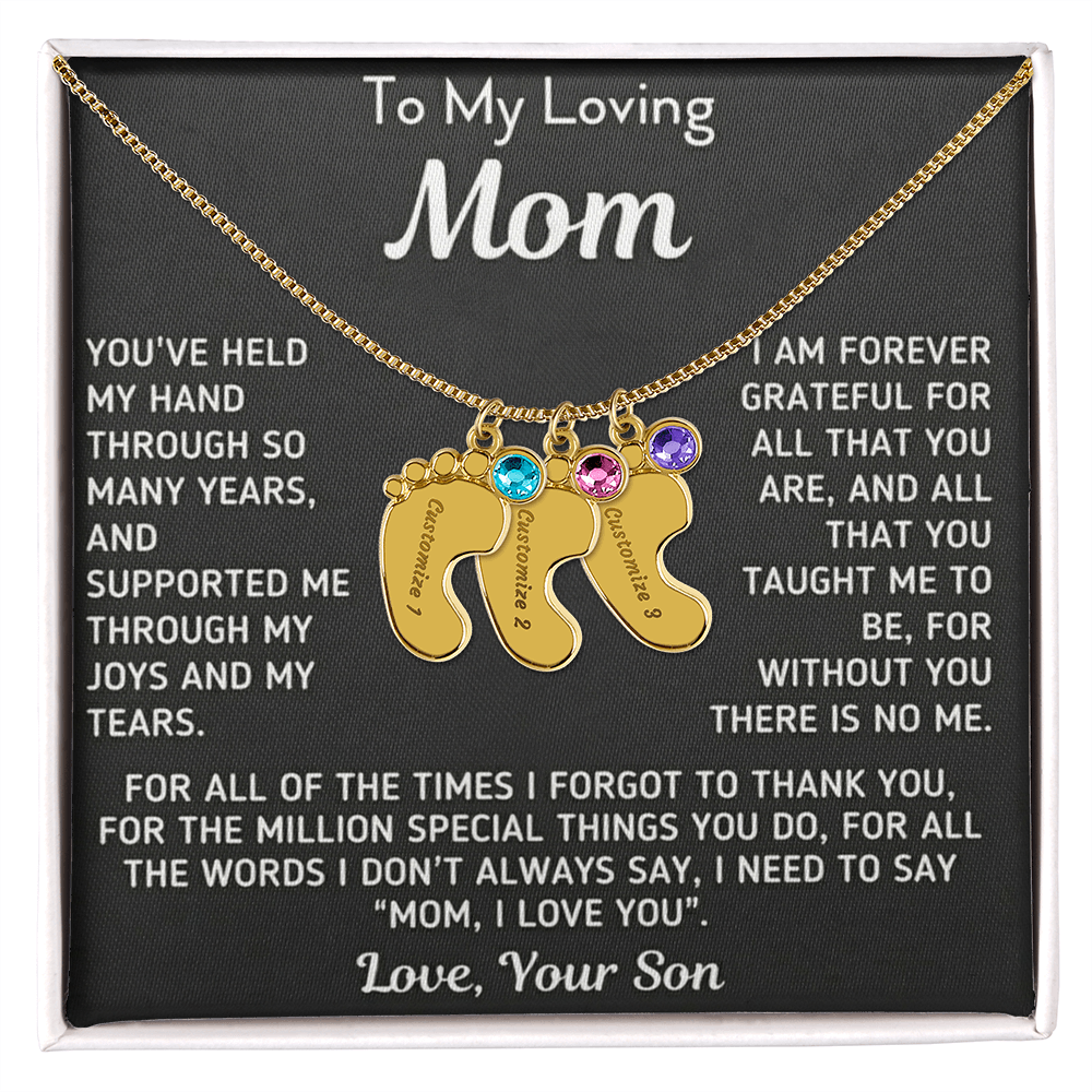 Custom Baby Fee Necklace with Birthstone for Mom from Son - Black Version
