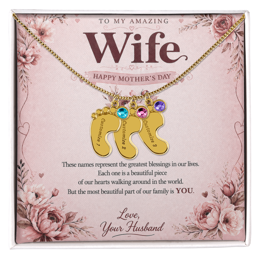 Custom Baby Feet Necklace with Birthstone From Husband - Happy Mother's Day - ver 3