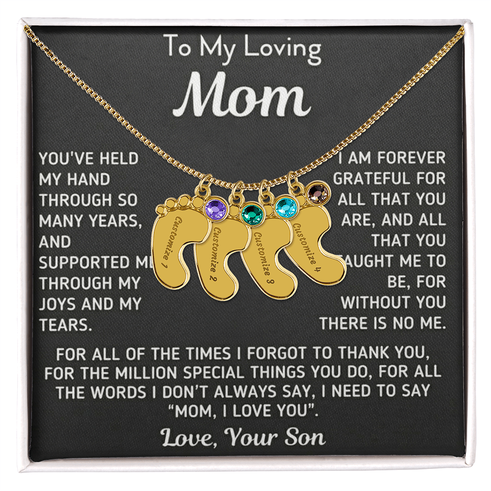 Custom Baby Fee Necklace with Birthstone for Mom from Son - Black Version