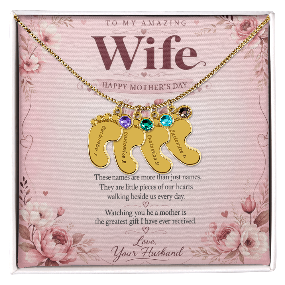 Custom Baby Feet Necklace with Birthstone From Husband - Happy Mother's Day - Version 2