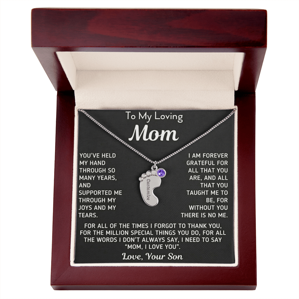Custom Baby Fee Necklace with Birthstone for Mom from Son - Black Version