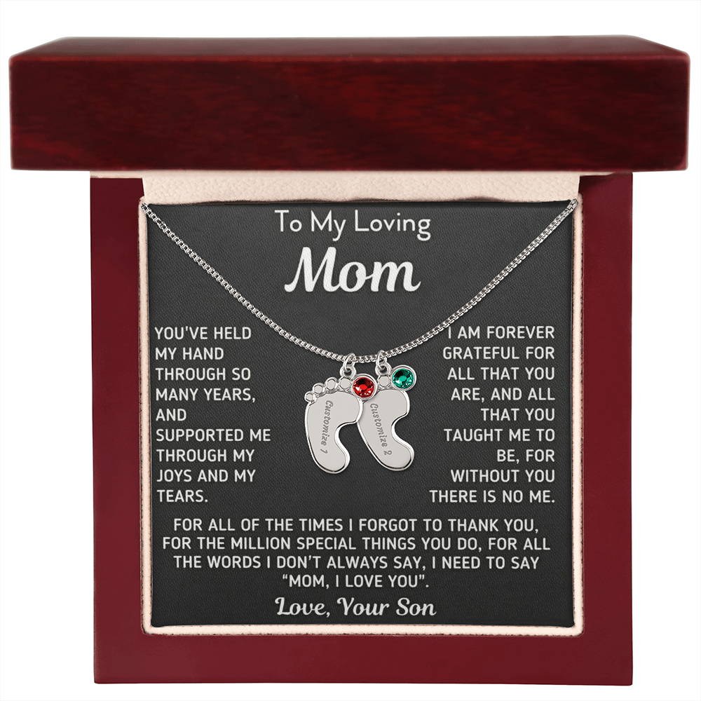 Custom Baby Fee Necklace with Birthstone for Mom from Son - Black Version