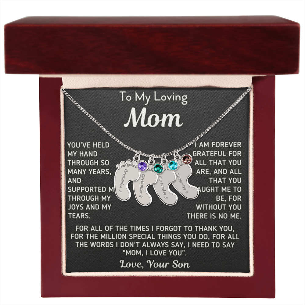 Custom Baby Fee Necklace with Birthstone for Mom from Son - Black Version