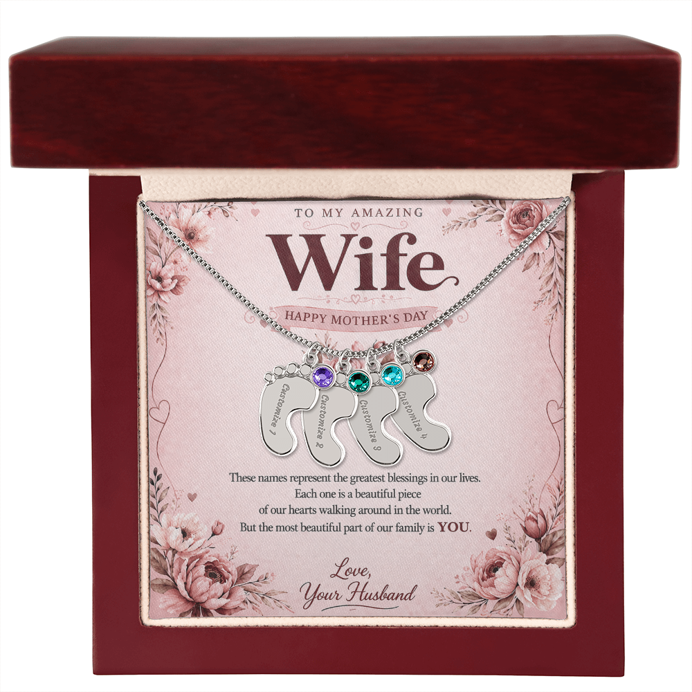 Custom Baby Feet Necklace with Birthstone From Husband - Happy Mother's Day - ver 3