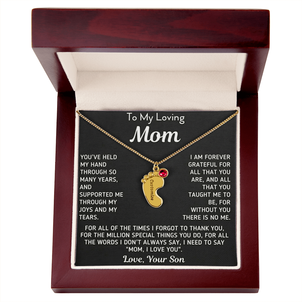 Custom Baby Fee Necklace with Birthstone for Mom from Son - Black Version