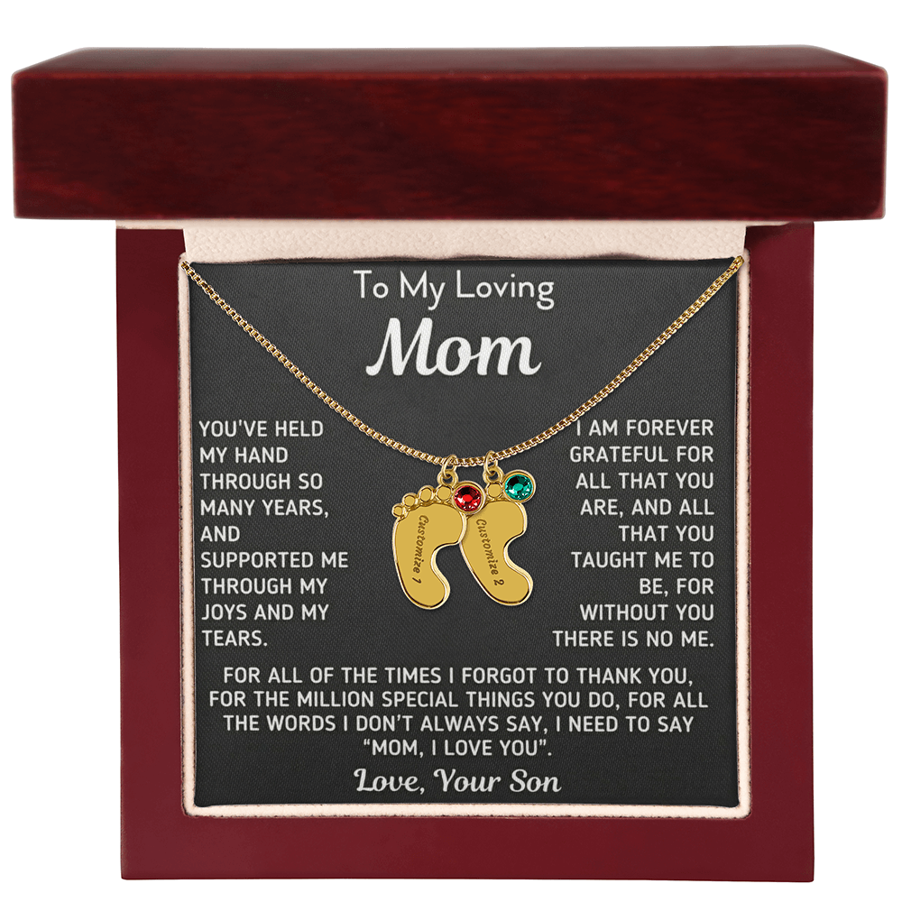 Custom Baby Fee Necklace with Birthstone for Mom from Son - Black Version
