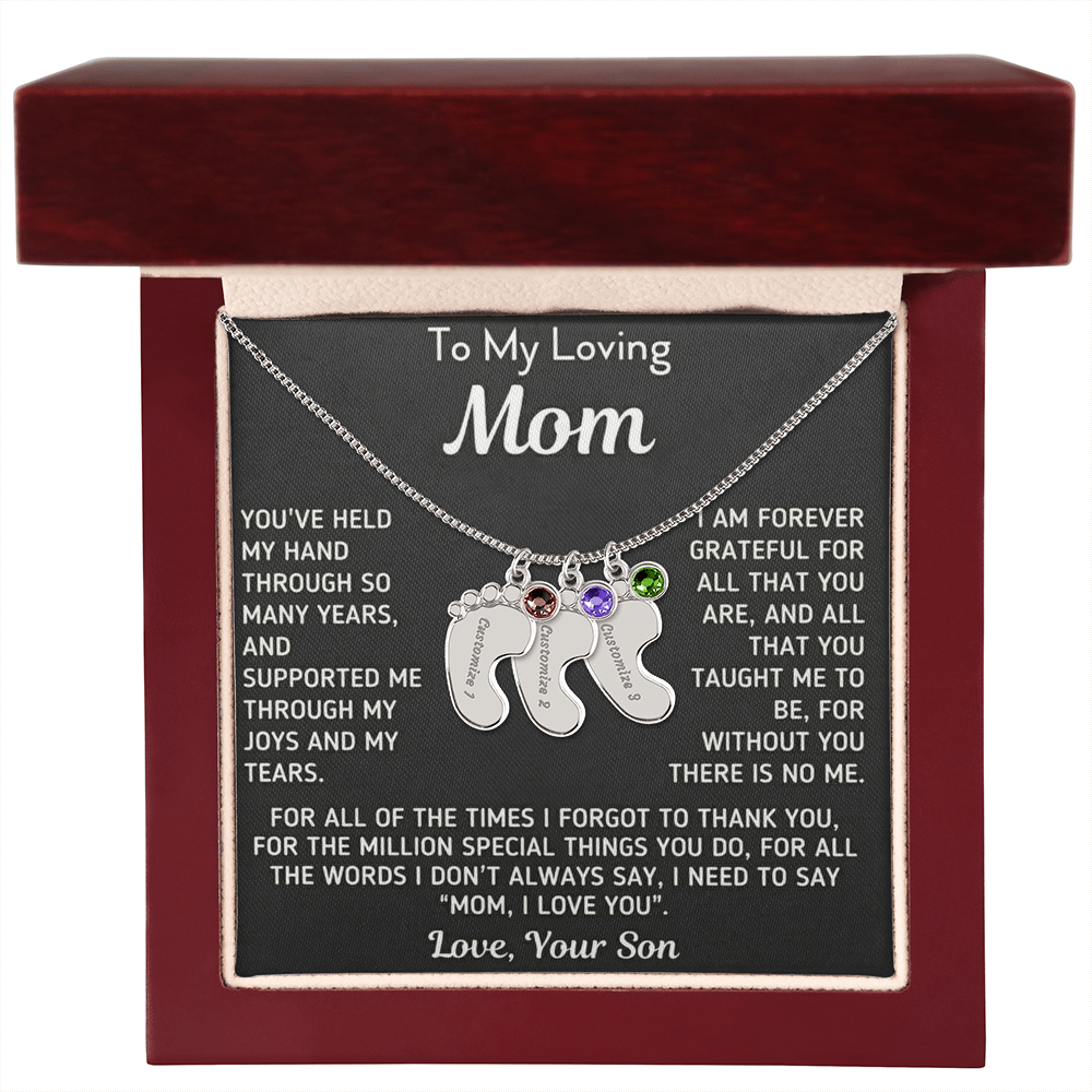 Custom Baby Fee Necklace with Birthstone for Mom from Son - Black Version