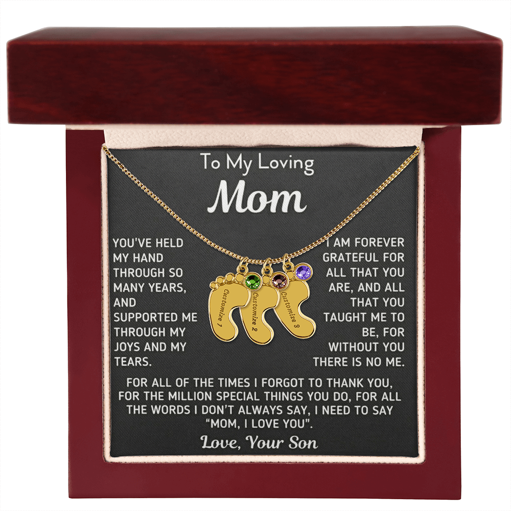 Custom Baby Fee Necklace with Birthstone for Mom from Son - Black Version