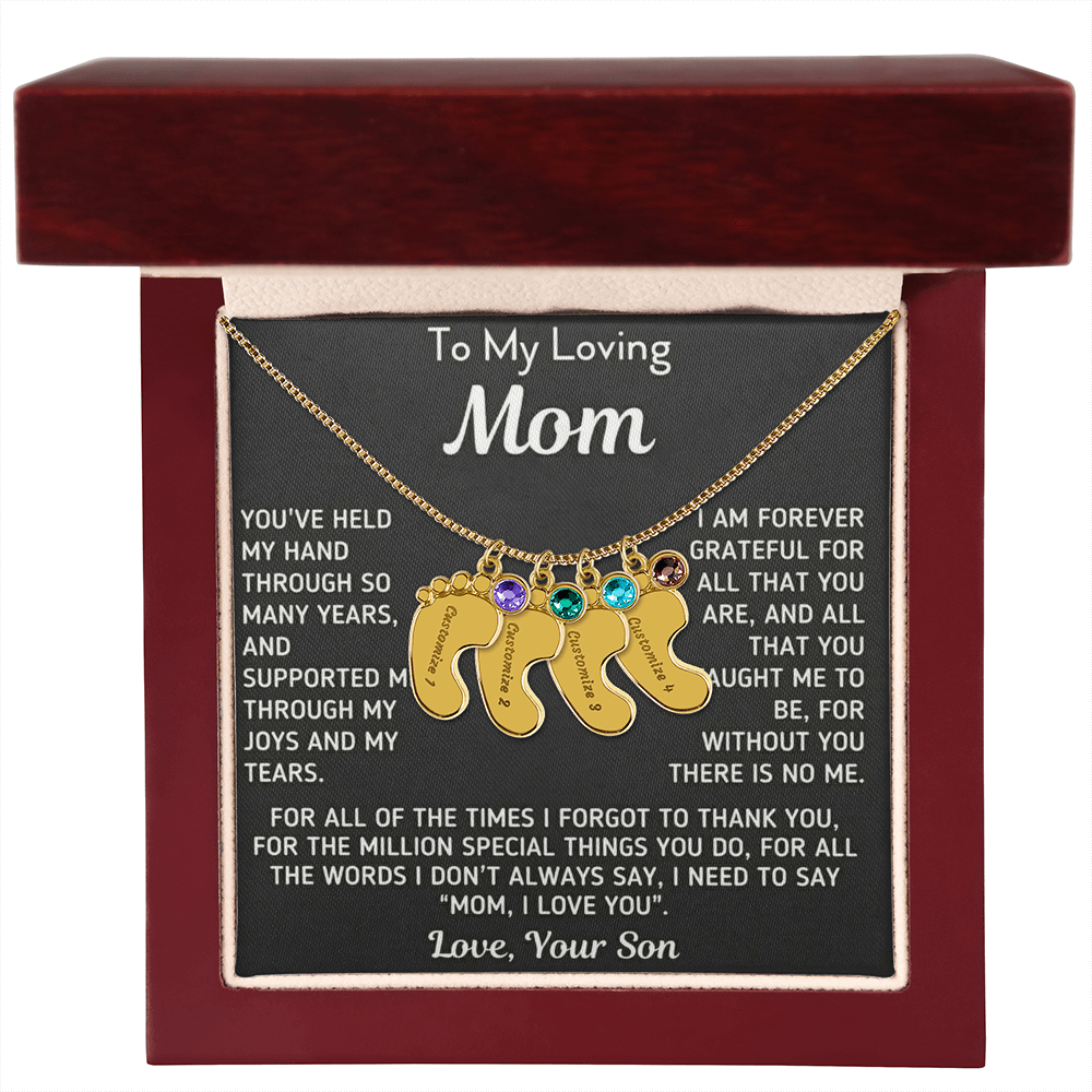 Custom Baby Fee Necklace with Birthstone for Mom from Son - Black Version