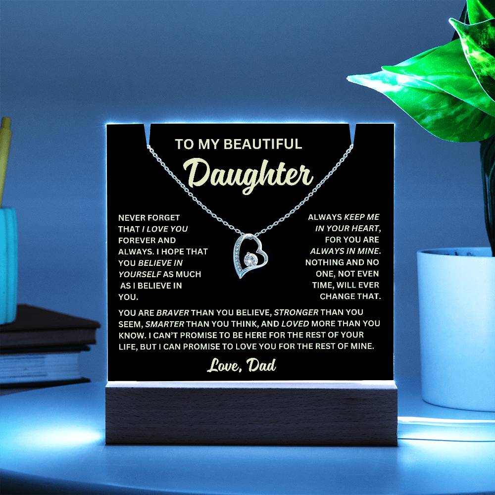 To My Daughter Never Forget I Love You Acrylic Bundle - Forever Love Necklace, Night Light, and Jewelry Holder