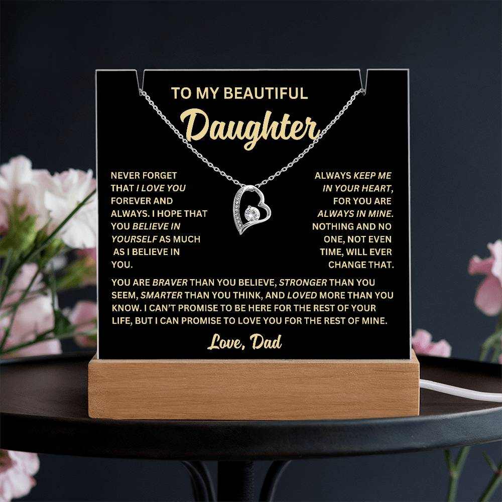 To My Daughter Never Forget I Love You Acrylic Bundle - Forever Love Necklace, Night Light, and Jewelry Holder