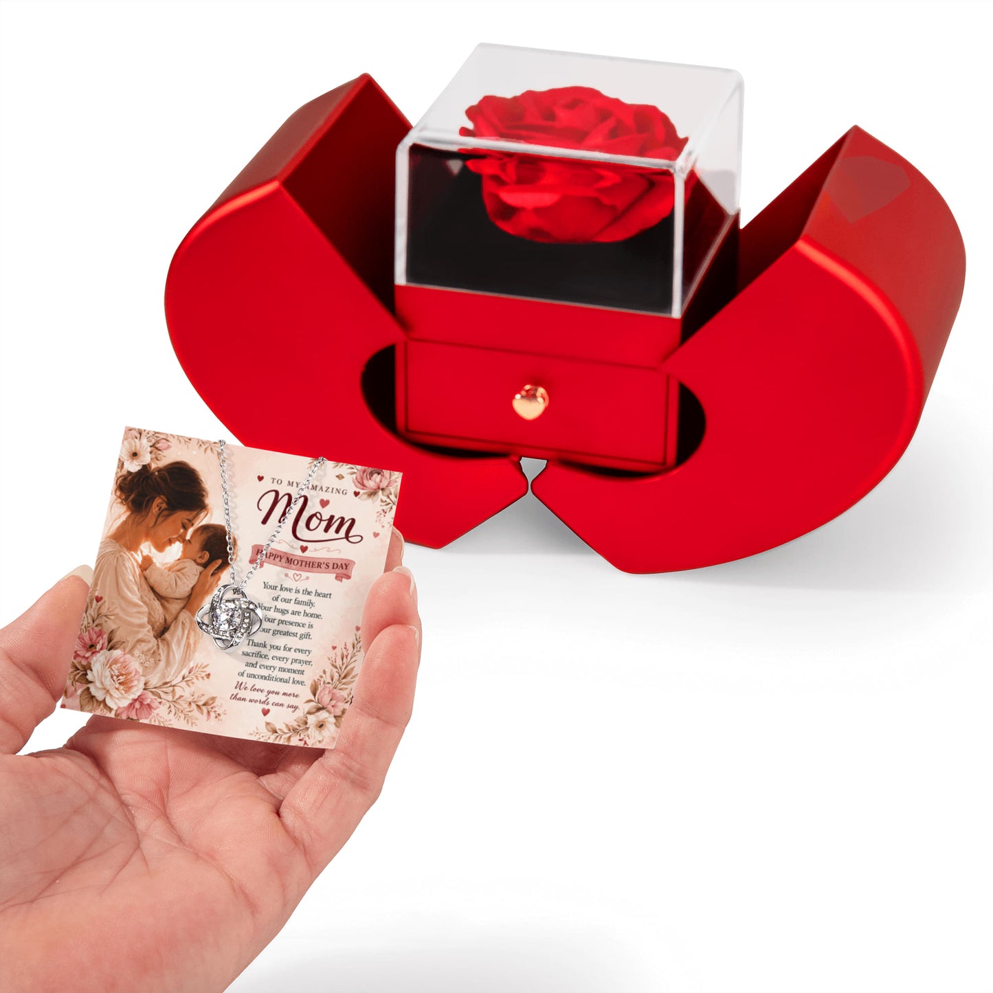 Love Knot Necklace with Red Heart Rose Box For Mom