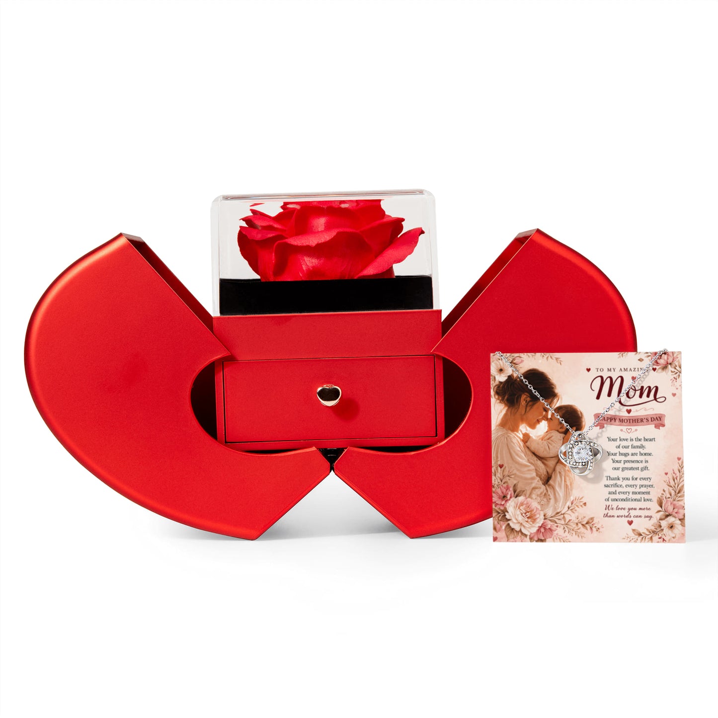 Love Knot Necklace with Red Heart Rose Box For Mom