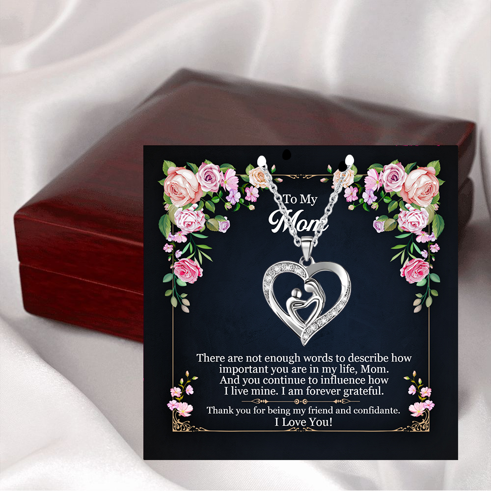 Mom carries child in heart necklace, present in Mahogany luxury box along with message card - STM001 - Real Gifts Of Love