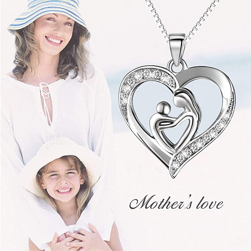 Mom carries child in heart necklace, present in Mahogany luxury box along with message card - STM001 - Real Gifts Of Love