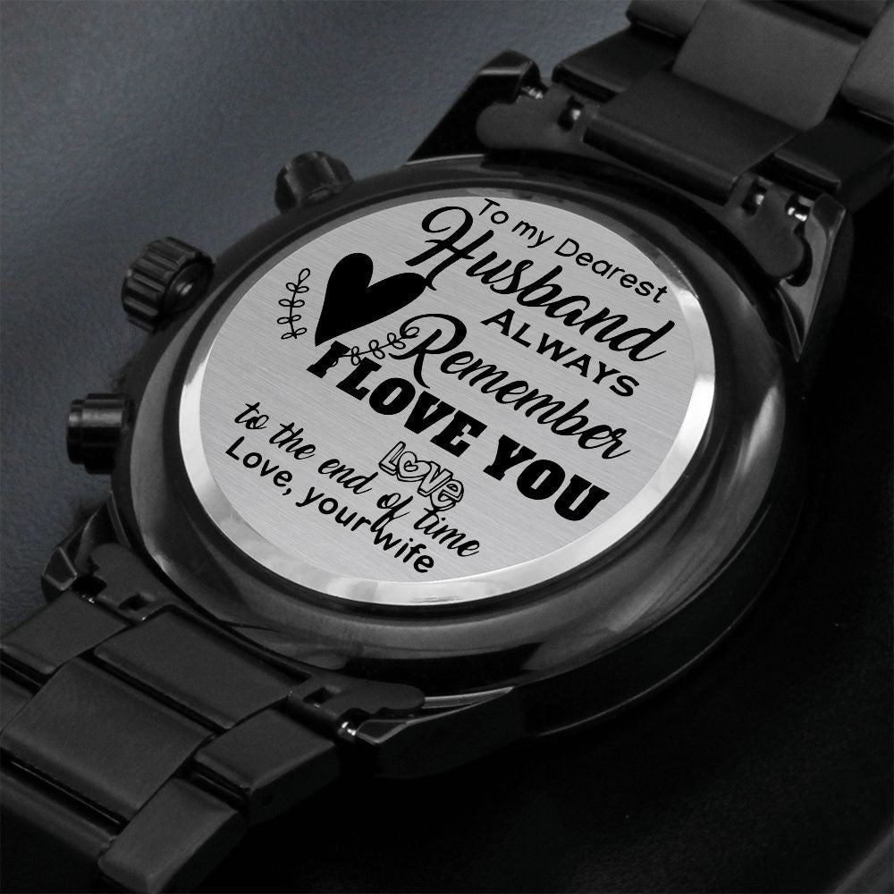 Engraved Design Black Chronograph Watch - To my dearest husband - Real Gifts Of Love