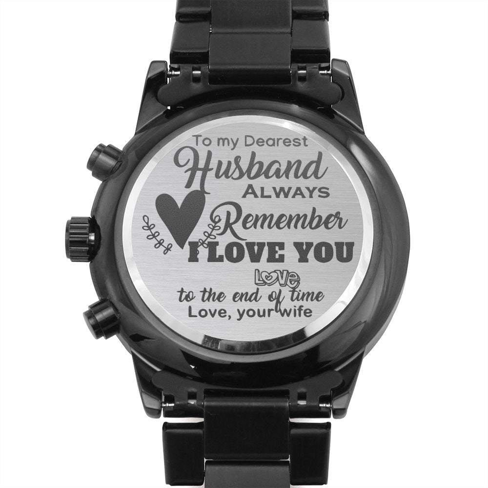 Engraved Design Black Chronograph Watch - To my dearest husband - Real Gifts Of Love