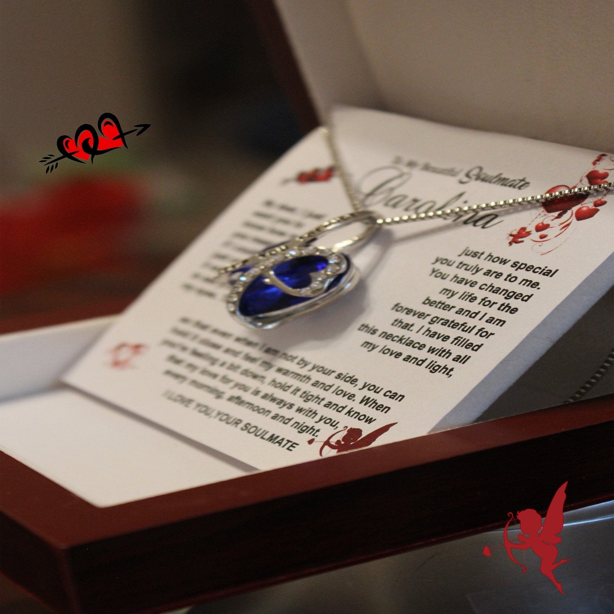Quincy-Personalize - To My Beautiful Soulmate - Hugging this necklace to feel my love-Blue heart - Real Gifts Of Love