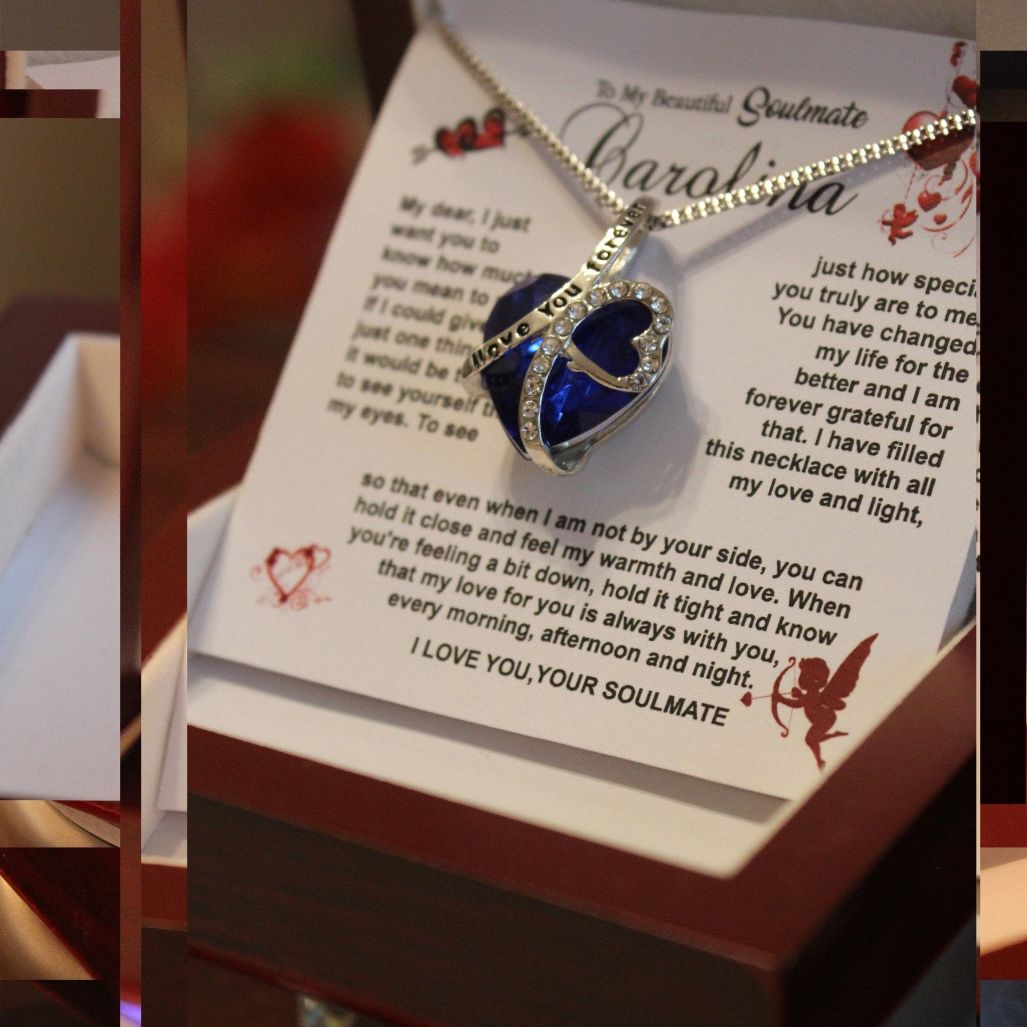 Quincy-Personalize - To My Beautiful Soulmate - Hugging this necklace to feel my love-Blue heart - Real Gifts Of Love
