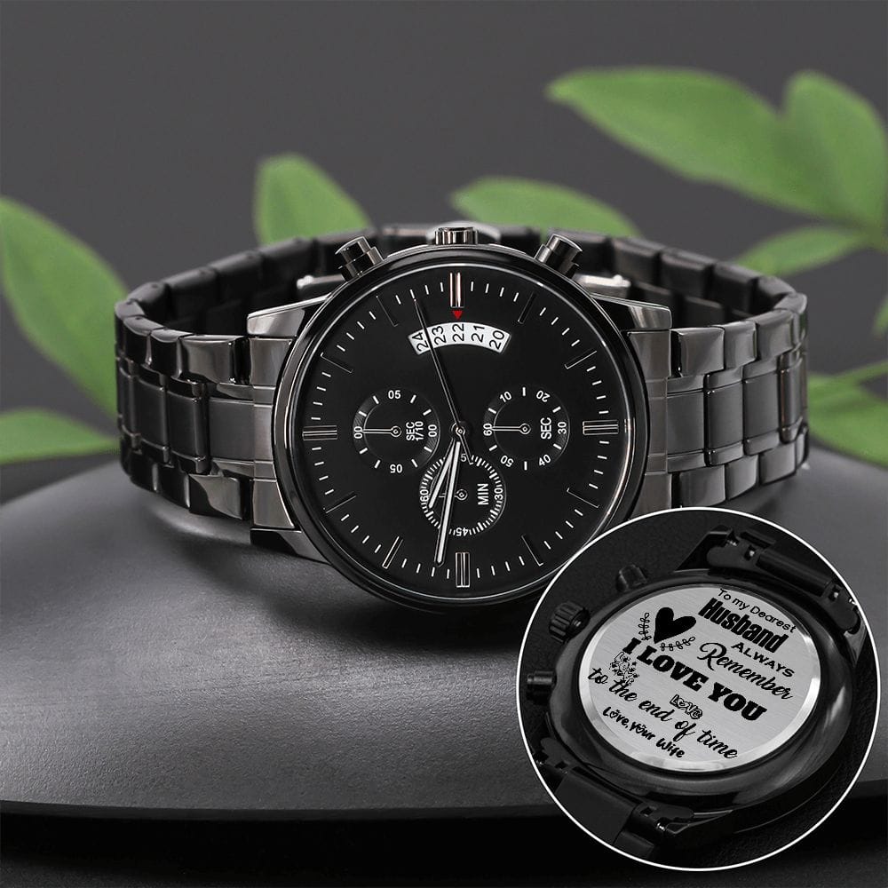Water-resistance Engraved Design Black Chronograph Watch - I Love You from Wife - Real Gifts Of Love